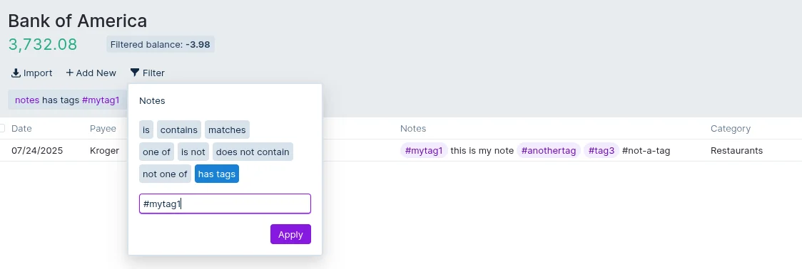 Tag based filter of transactions
